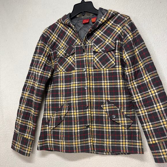 Tilt Plaid Hooded Quilted Jacket Size Medium Black Yellow Flannel Coat - Picture 3 of 7